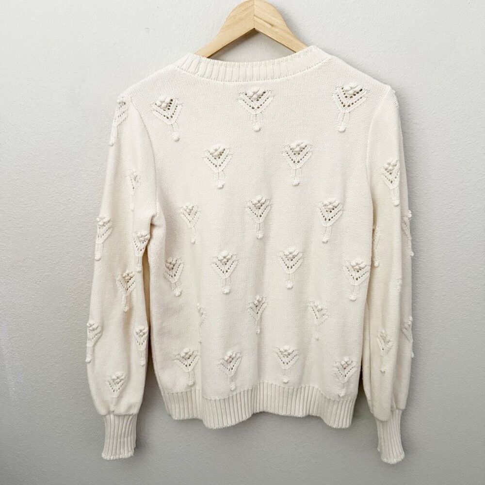 A.T. LOFT | Women's Bobble Pointelle Sweater Ivory Cream Blouson Sleeve | Large - Picture 8 of 10